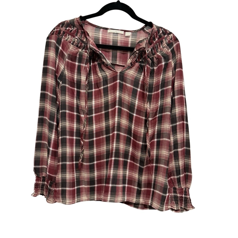 Sunny Leigh Blouse Woman's M Colorful Plaid Tie Neck Shirt Long Sleeve Academia